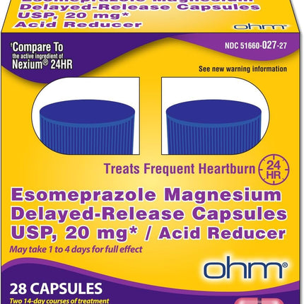 Ohm Esomeprazole Magnesium 20mg Delayed-Release Capsules | 24-Hour Heartburn Relief (28 Count)