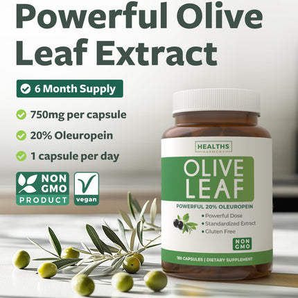 Olive Leaf Extract Capsules 750mg – 20% Oleuropein | Vegan, Non-GMO, Made in USA