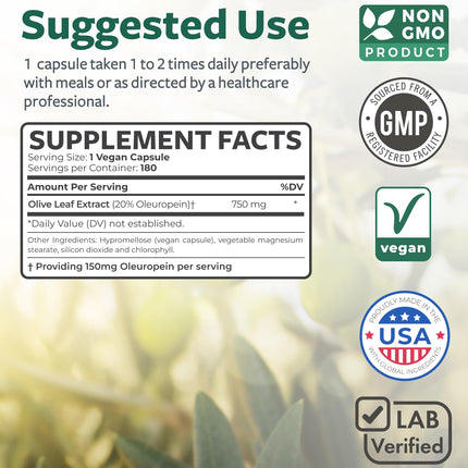 Olive Leaf Extract Capsules 750mg – 20% Oleuropein | Vegan, Non-GMO, Made in USA