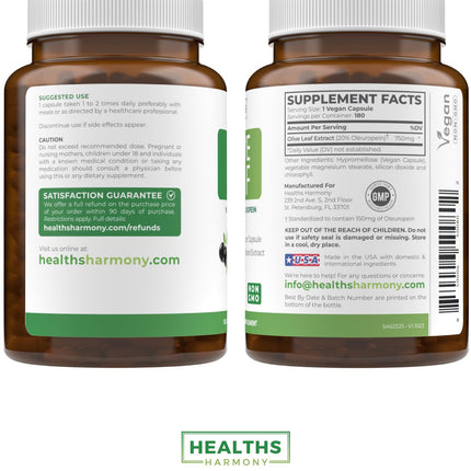 Olive Leaf Extract Capsules 750mg – 20% Oleuropein | Vegan, Non-GMO, Made in USA