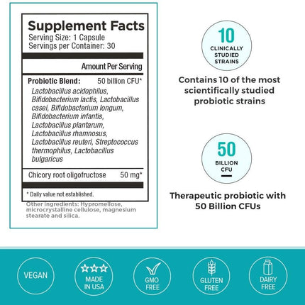 Omax3 Probiotic & Prebiotic 50B CFU - 10 Strains, Vegan + Chicory Inulin