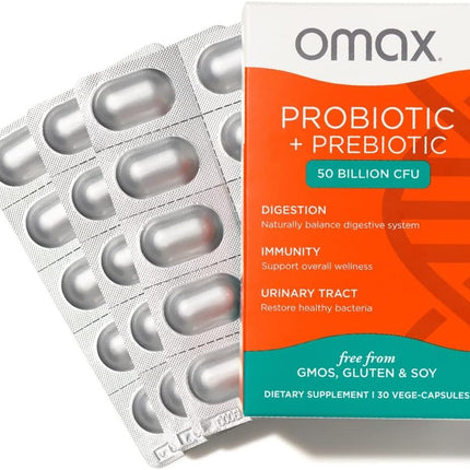 Omax3 Probiotic & Prebiotic 50B CFU - 10 Strains, Vegan + Chicory Inulin