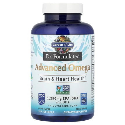 Garden of Life Dr. Formulated Advanced Omega Fish Oil - Lemon | 1,290 mg Omega-3 (EPA 695 mg, DHA 465 mg, DPA 30 mg), TG Form, 180 Softgels