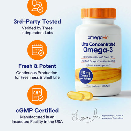 OmegaVia Ultra Concentrated Omega-3 Fish Oil Burpless — 60 Softgels, Triple Strength