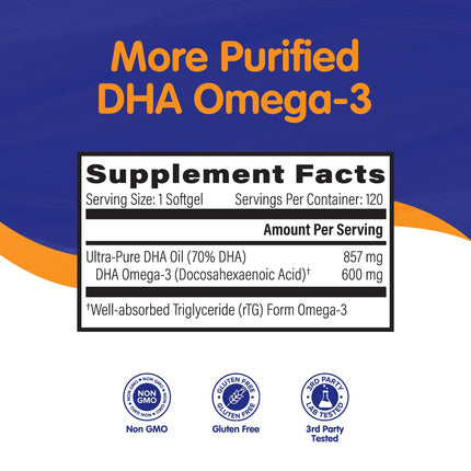 OmegaVia DHA 600 mg – Ultra Pure DHA for Brain & Eyes, Burpless, IFOS Tested, 120 Softgels