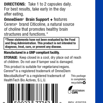Omne Diem Brain Support with Cerenx and MecobalActive | 60 Capsules – Brain Health & Mood