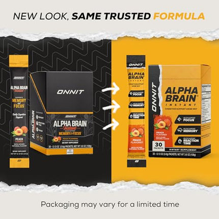 ONNIT Alpha Brain Instant Peach Nootropic Drink Mix for Focus, Memory & Clarity – 30 Packets