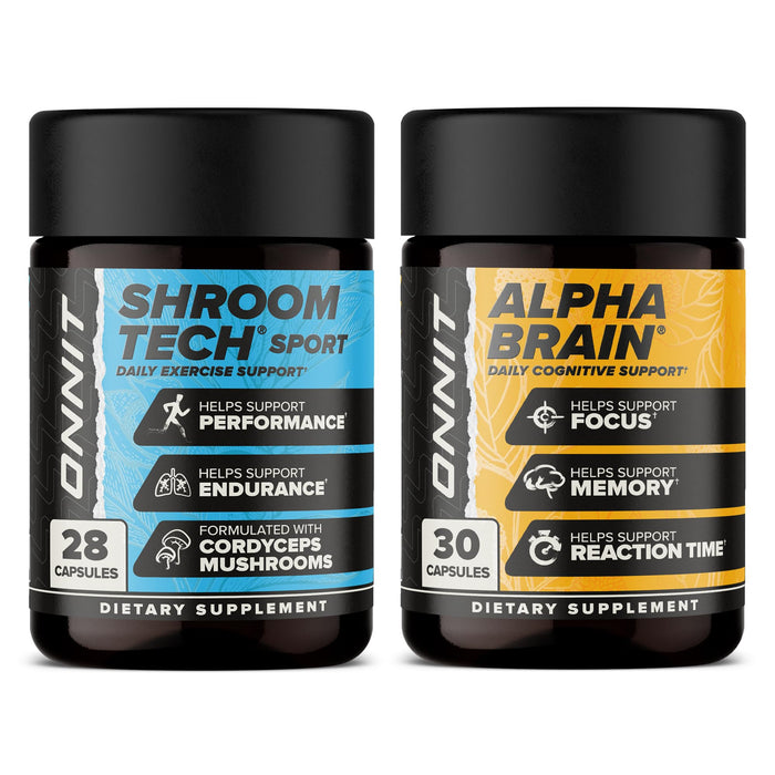 ONNIT Premium Alpha Brain Bundle - Nootropic Brain Supplement (30 Count) for Focus, Concentration & Memory + Shroom Tech Sport for Exercise, Energy & Cardiovascular Performance (28 Count)