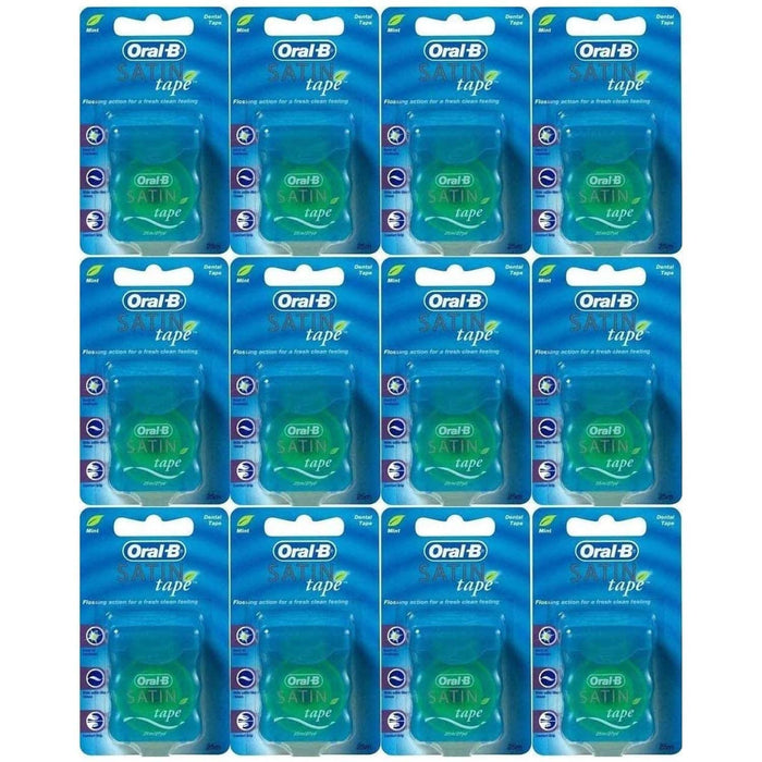 Oral-B Satin Tape Dental Floss 25m (12 Pack) Mint – 2-Layer Ribbon Floss