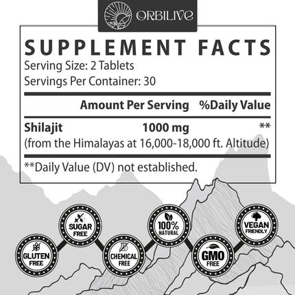 ORBILIVE Shilajit Tablets 1000 MG — Himalayan Organic, 180 Count