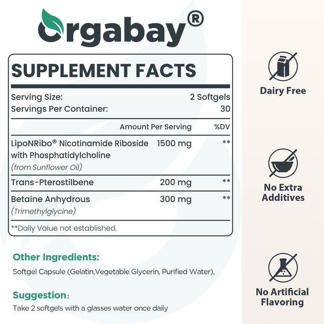 Orgabay Liposomal NAD+ Supplement 500 mg, High Absorption, Boost NAD+ with TMG 250 mg, Actual NAD Plus More Efficient Than Nicotinamide Riboside, Support Cellular Energy, Healthy Aging | 60 Softgels