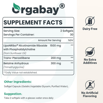 Orgabay Liposomal Nicotinamide Riboside 2000 MG – TMG & Pterostilbene, NAD+ Support, 360 Count