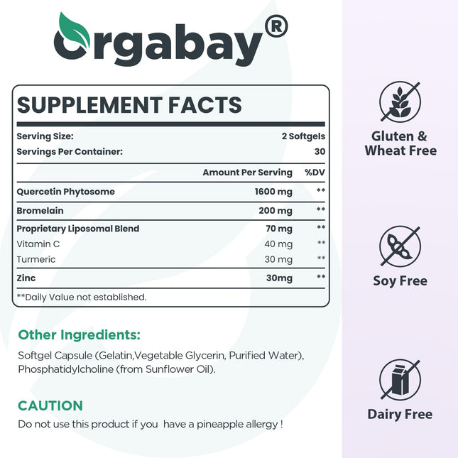 Orgabay Liposomal Quercetin Phytosome 1600 mg – 360 Softgels | Bromelain 200 mg, Zinc 30 mg, Vitamin C, Turmeric
