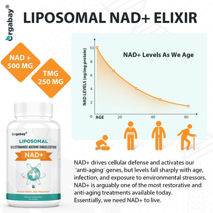 Orgabay Liposomal NAD+ Supplement 500 mg + 250 mg TMG – High Absorption NAD+ | 480 Softgels