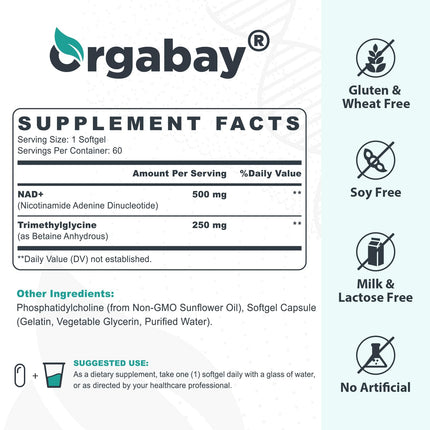 Orgabay Liposomal NAD+ Supplement 500 mg with 250 mg TMG — High Absorption, 180 Softgels
