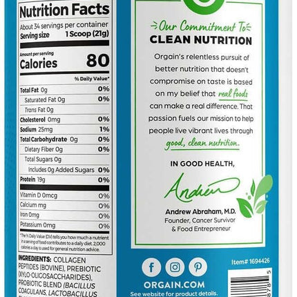 Orgain Collagen + Superfoods with 20g Grass-Fed Collagen & Vitamin C — Unflavored, 25.6 oz
