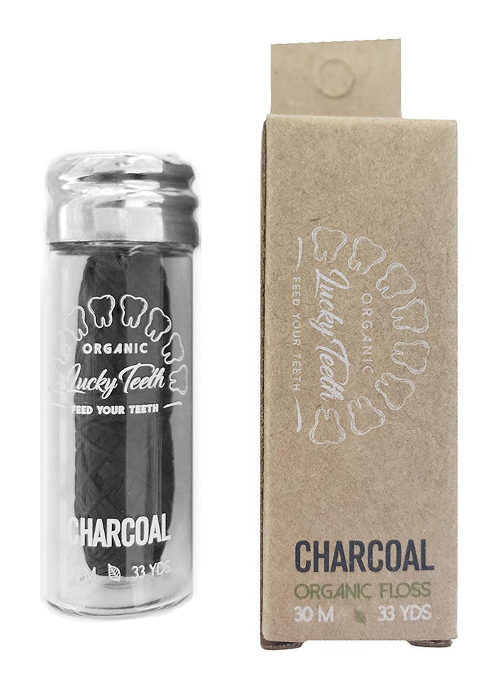 Organic Bamboo Charcoal Floss in Glass Jar – Tea Tree & Peppermint | 30 m / 33 yds | Lucky Teeth