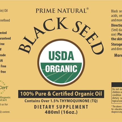 Prime Natural Organic Black Seed Oil 16oz – Cold Pressed, 1.7% Thymoquinone, USDA Organic, Turkish Origin