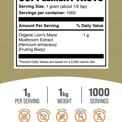 BulkSupplements Organic Lion's Mane Mushroom Extract Powder | Vegan, 1g/Serving, 1kg