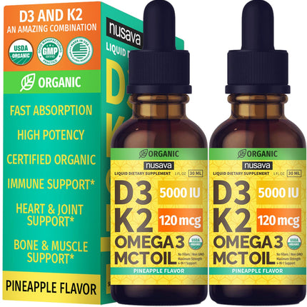 2 Pack Organic Vitamin D3 K2 Drops with MCT Oil – Pineapple 2 fl oz | 5000 IU Immune Support
