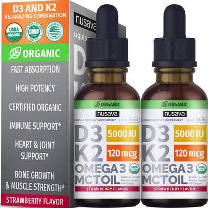 (2 Pack) Organic Vitamin D3 K2 Drops 5000 IU - Immune Support, Strawberry (2oz)