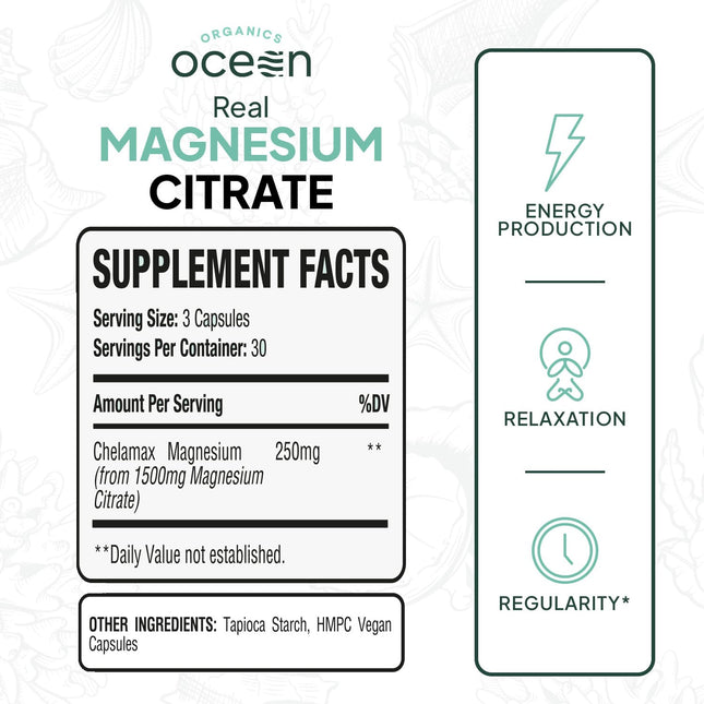 Organics Ocean Real Magnesium Citrate – High-Absorption Chelated Magnesium for Energy, Relaxation, and Regularity – 6 Pack