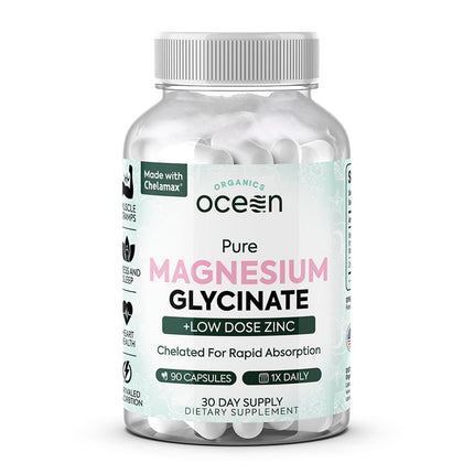 Organics Ocean Magnesium Glycinate with Zinc – Maximum Strength Chelated Magnesium (90 Capsules)