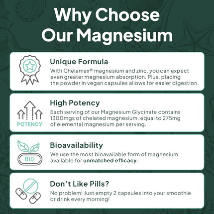 Organics Ocean Magnesium Glycinate with Zinc – Maximum Strength Chelated Magnesium (90 Capsules)