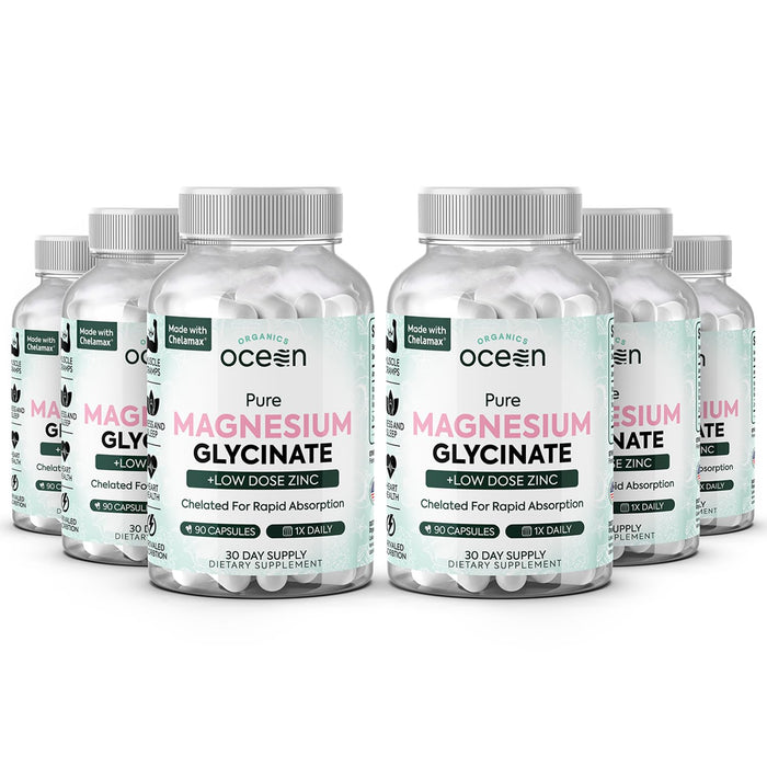 Organics Ocean Pure Magnesium Glycinate with Zinc – Maximum Strength Chelated Magnesium for Sleep & Muscle Support (6 Bottles)