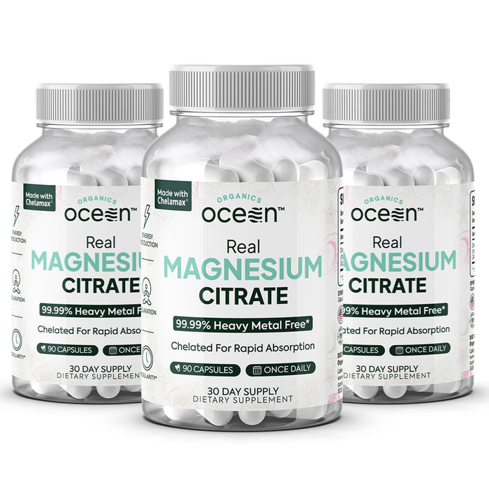 Organics Ocean Real Magnesium Citrate - High Absorption Chelated Magnesium Supplement - 3 Pack Bulk