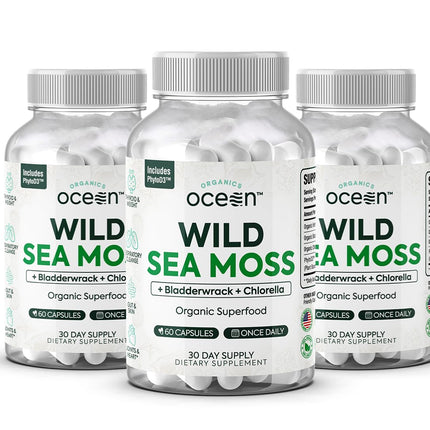 Organics Ocean Wild Sea Moss Capsules – Organic Irish Sea Moss, Chlorella, Bladderwrack & Vitamin D3 (3 Bottles)