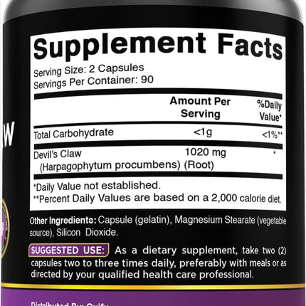 Oxify Devils Claw 1020 mg Per Serving | 180 Capsules | Gluten-Free, Non-GMO | Supplement Made in USA