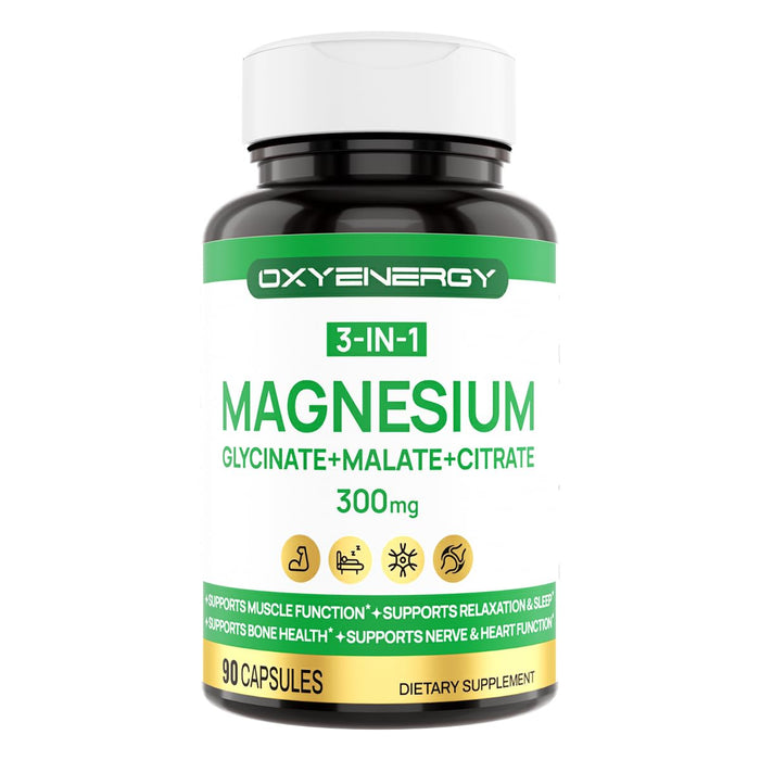 OXYENERGY 3 in 1 Magnesium Complex - 300mg Chelated Triple Magnesium (Glycinate, Malate, Citrate) - Vegan - 90 Capsules