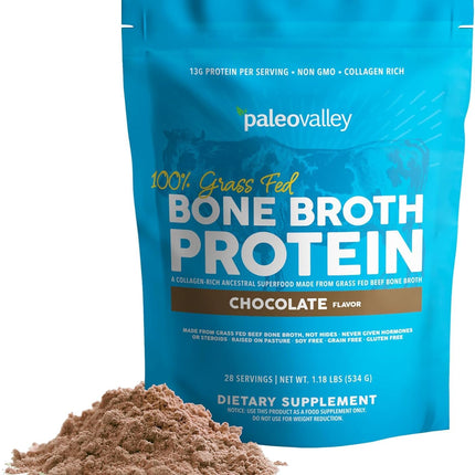 Paleovalley Grass-Fed Bone Broth Protein Powder, Chocolate – 15g Protein
