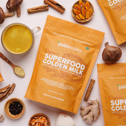 Paleovalley Organic Superfood Golden Milk — Turmeric, Whole Mushroom Blend & MCT Coconut Milk, 30 Servings