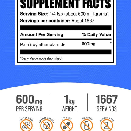 BulkSupplements.com Palmitoylethanolamide Powder - Pea Supplement, Palmitoylethanolamide for Immmune Support - Gluten Free, 600mg per Serving, 1kg (2.2 lbs) (Pack of 1)