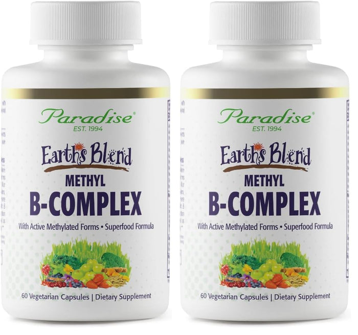 Paradise Herbs Earth's Blend B-Complex | Methylated B Vitamins + Superfoods (60 Caps, Pack of 2)