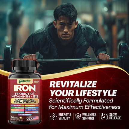 Parrox Elemental Iron 13-in-1 – Slow-Release Iron, Probiotics, B Vitamins, Beetroot & Turmeric (3-Pack, 60 Capsules)