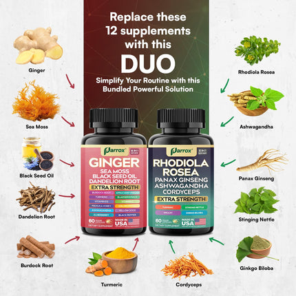 Parrox Dynamic Duo Herbal Bundle – Ginger & Rhodiola Capsules (3 Pack)