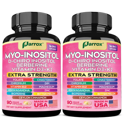 Parrox Myo-Inositol 16-in-1 Supplement – 2 Pack with D-Chiro Inositol, Berberine, D3 + K2