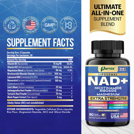 Parrox NAD+ 10-in-1 Supplement with Liposomal NAD+ - 2-Pack