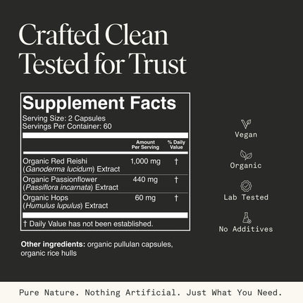 Mushroom Sleep Supplement — Reishi, Passionflower & Hops | 100% USDA Organic, Vegan, 120 Caps