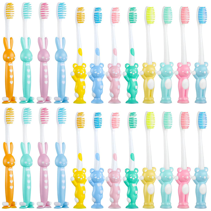 Patelai 24 Pcs Toddler Toothbrush Set for Ages 2+ | Soft Bristles, Suction Cup Storage, Rabbits & Bears