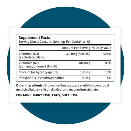 Pattern Wellness Vitamin K2 and D3 with Calcium - Bone Health, Circulatory & Immune Support - Non-GMO - 60 Capsules