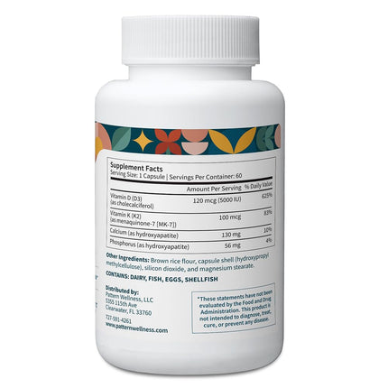 Pattern Wellness Vitamin K2 and D3 with Calcium - Bone Health, Circulatory & Immune Support - Non-GMO - 60 Capsules