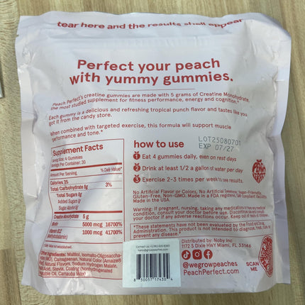 Peach Perfect Creatine Monohydrate Gummies for Women | 5g Creatine, Biotin 5000mcg & Vitamin B12 1000mcg | Vegan, Gluten-Free, Non-GMO | Tropical Punch, 30 Servings