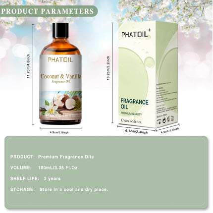 PHATOIL Coconut & Vanilla Fragrance Oil – 100ml for Aromatherapy, Diffusers, Candles & Soap