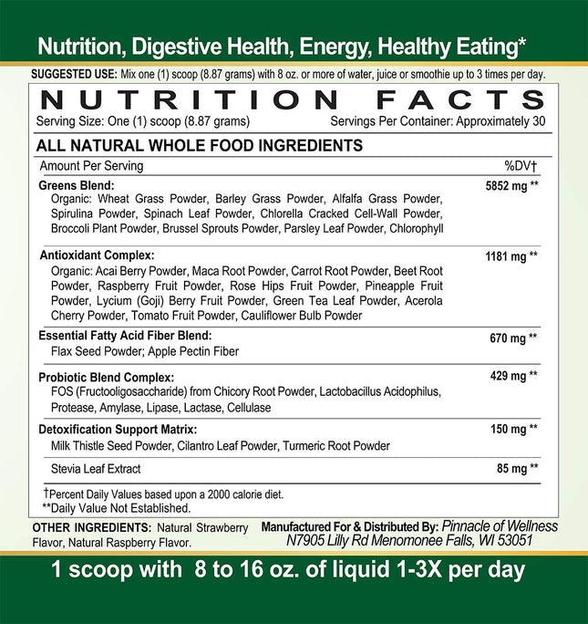 Pinnacle of Wellness Organic Green Superfood Powder – Berry, 30 Servings (9.5 oz)