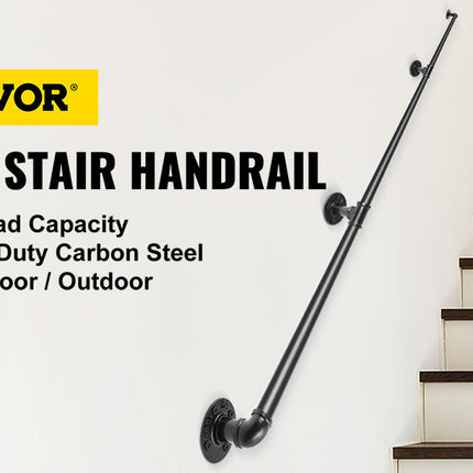 VEVOR 2-13ft Secure Pipe Stair Handrails Staircase 440lbs Handrails Carbon Steel For Wall Mount Stairs Indoors And Outdoor Black