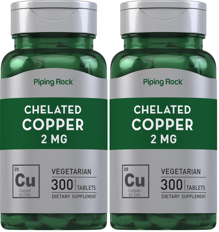 Piping Rock Chelated Copper 2 mg - 300 Tablets - Vegetarian, Non-GMO, Gluten Free (Pack of 2)